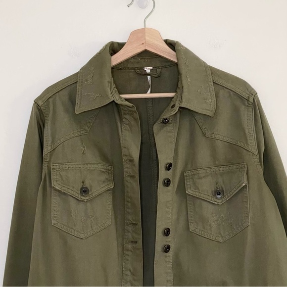 Free People Moonchild Distressed Denim Shirt Jacket Moss Green Small - Picture 7 of 16